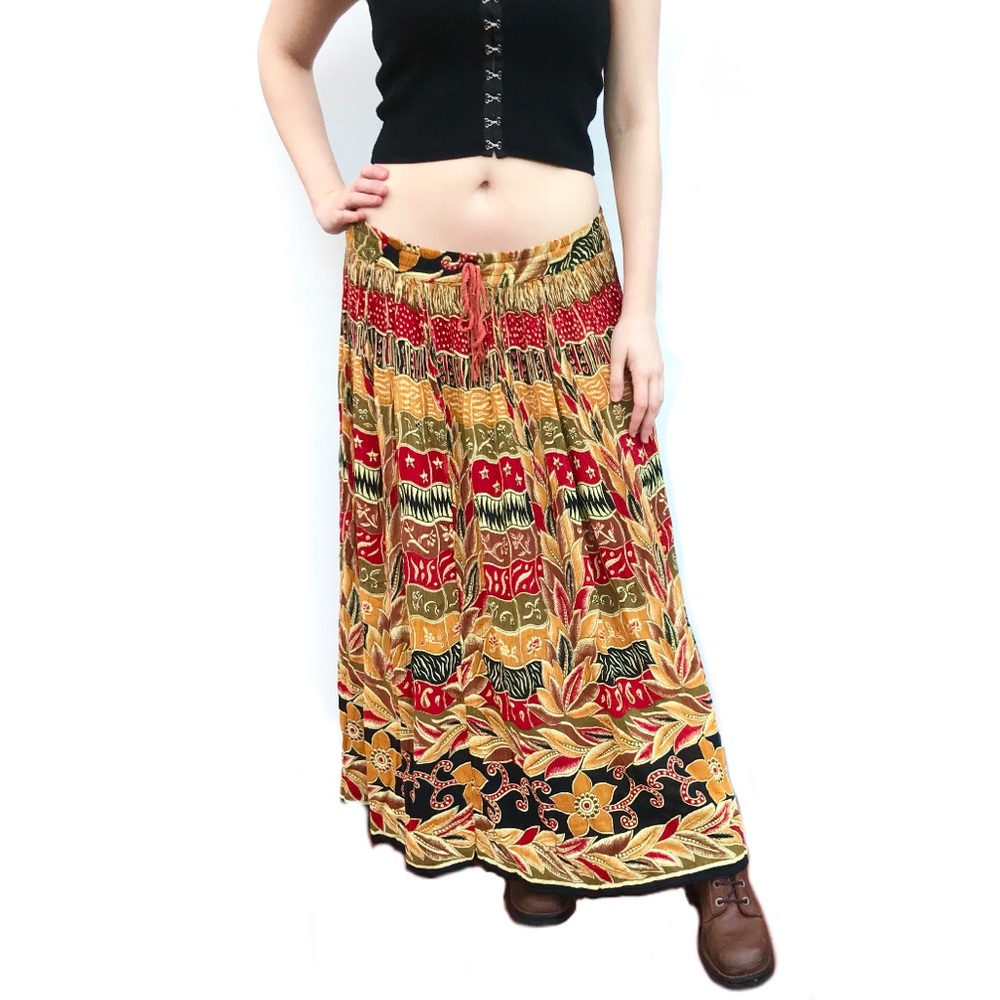 Red Yellow Floral Paisley Boho Maxi Skirt Y2K Vintage Hippie Bohemian Whimsigoth